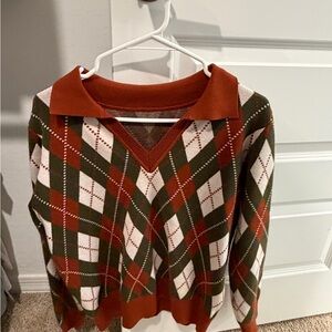 Plaid V-Neck Sweater - Orange, Green, and White